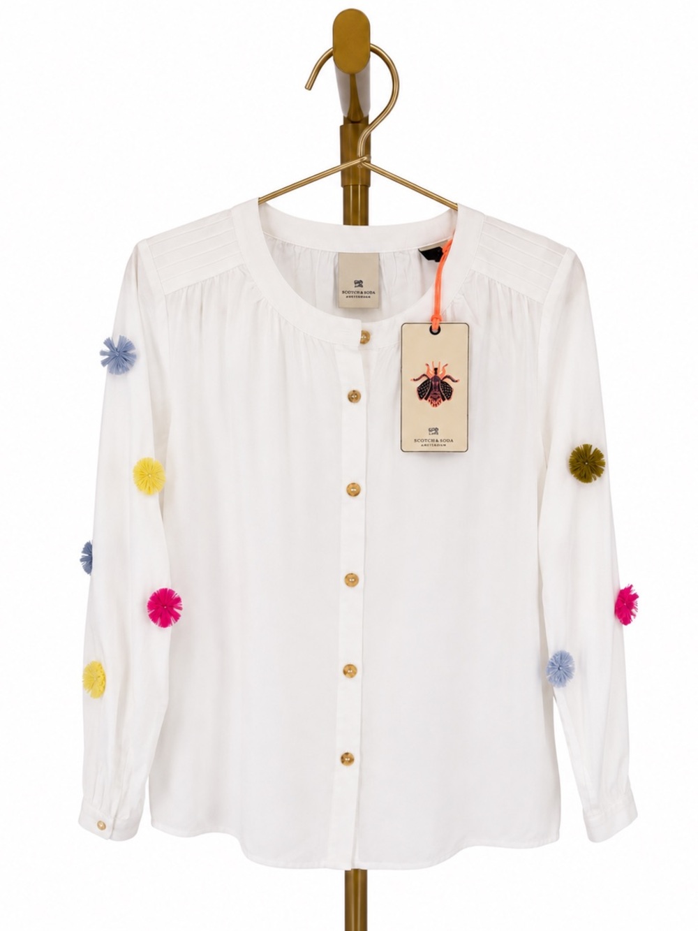 White Pom-Pom Button-Up Kids Top